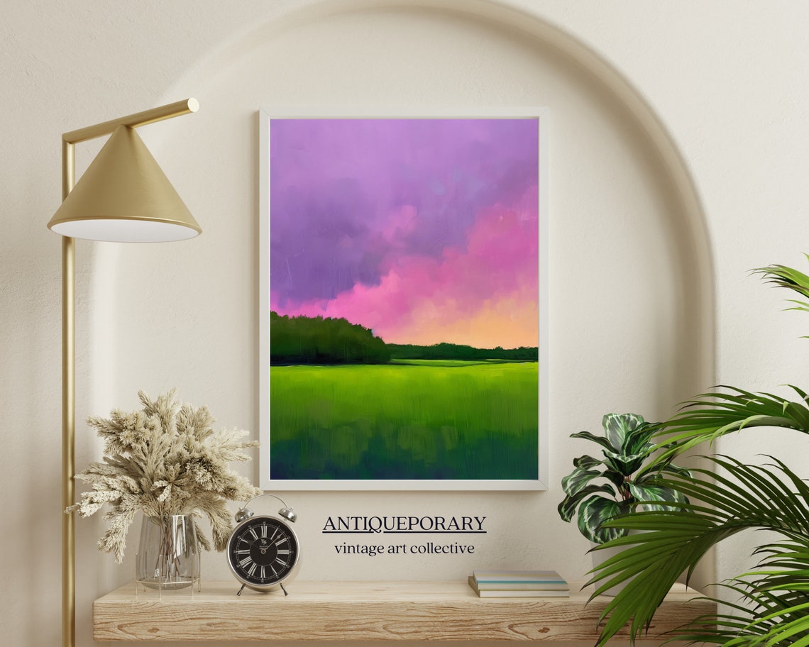 Abstract Green Meadow Sunset Sky Purple Modern Landscape Poster - Image 6