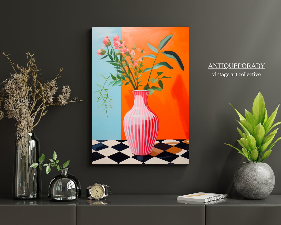 Pink Striped Vase with Flowers Checkerboard Floor Still Life Poster - Image 3