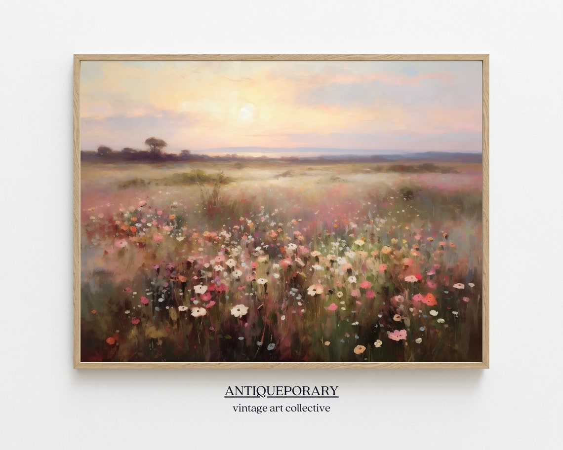 Wildflower Field Landscape Oil Painting Vintage Sunset Landscape Art Print Country Field Wall Art Nature Art