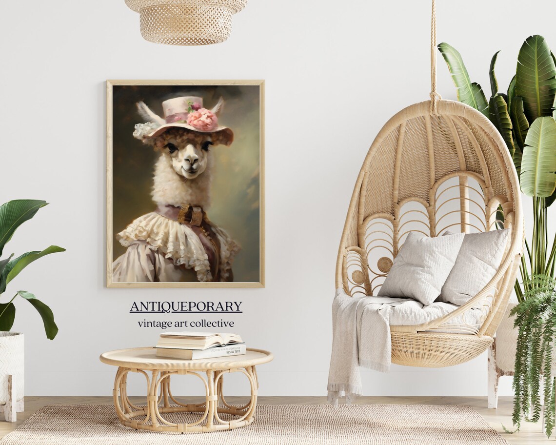 Charming Alpaca Lady Pink Floral Hat Oil Portrait Animal Art Poster - Image 4
