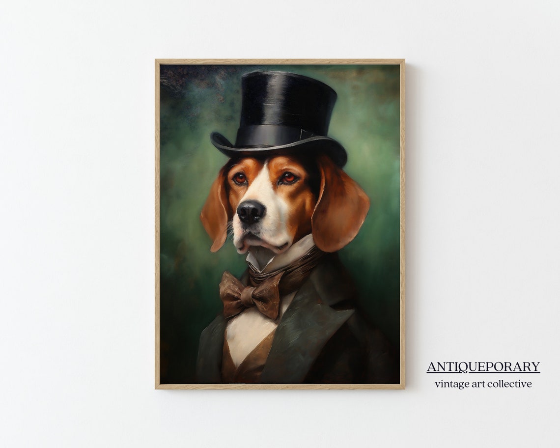 Charming Beagle in Top Hat and Brown Bow Tie Portrait Poster