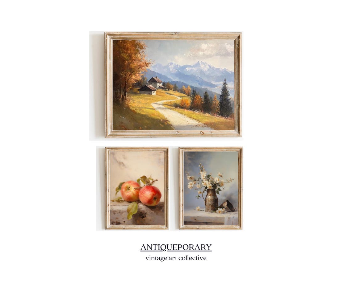 Alpine Farmhouse Hillside Road Snow Peaks Vintage Landscape Poster - Image 6