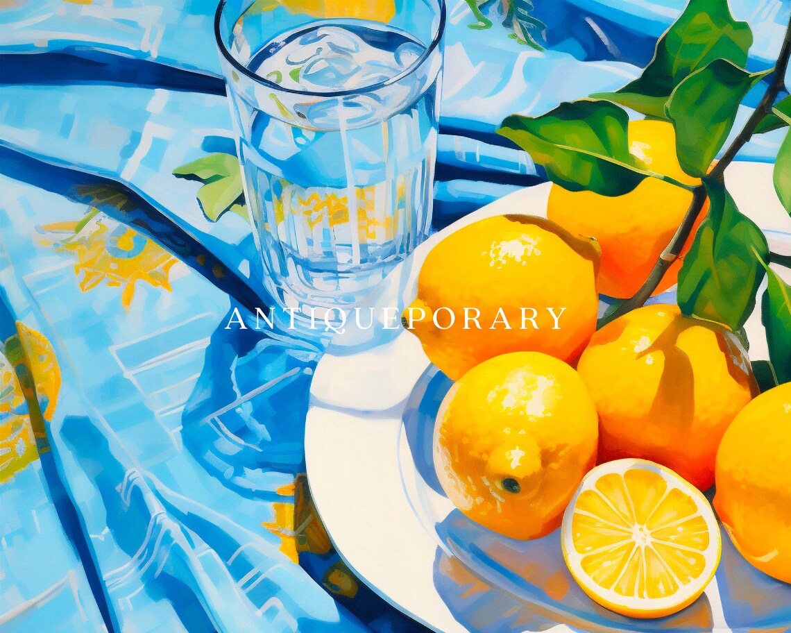 Lemon Plate Glass Water Blue Cloth Sunny Citrus Still Life Poster - Image 3