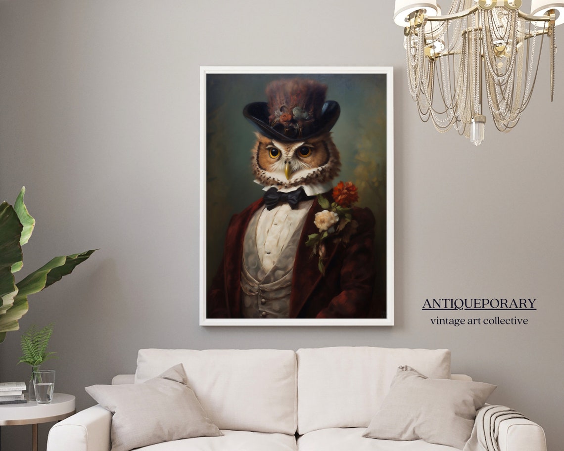 Owl Gentleman in Feathered Top Hat Bow Tie and Red Coat Poster - Image 7