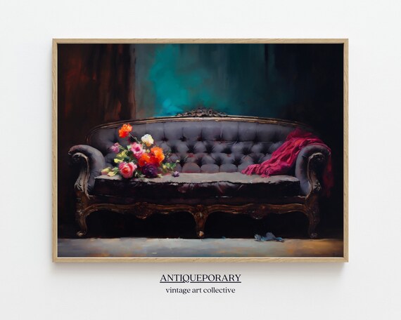 Vintage Antique Couch Oil Painting Dark Moody Still Life Painting Luxurious Vintage Interior Antique Oil Painting Vintage Art