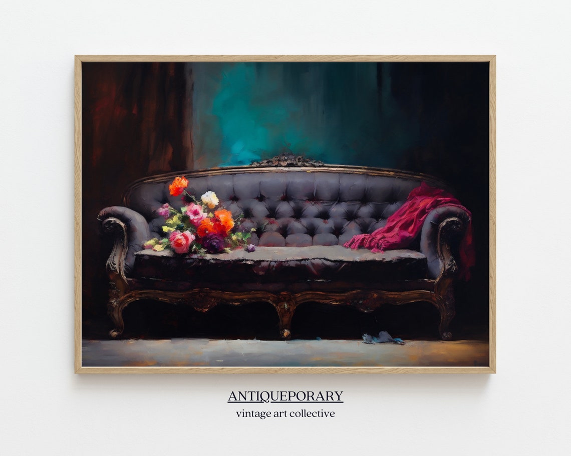 Victorian Tufted Sofa with Flowers and Red Shawl Still Life Poster