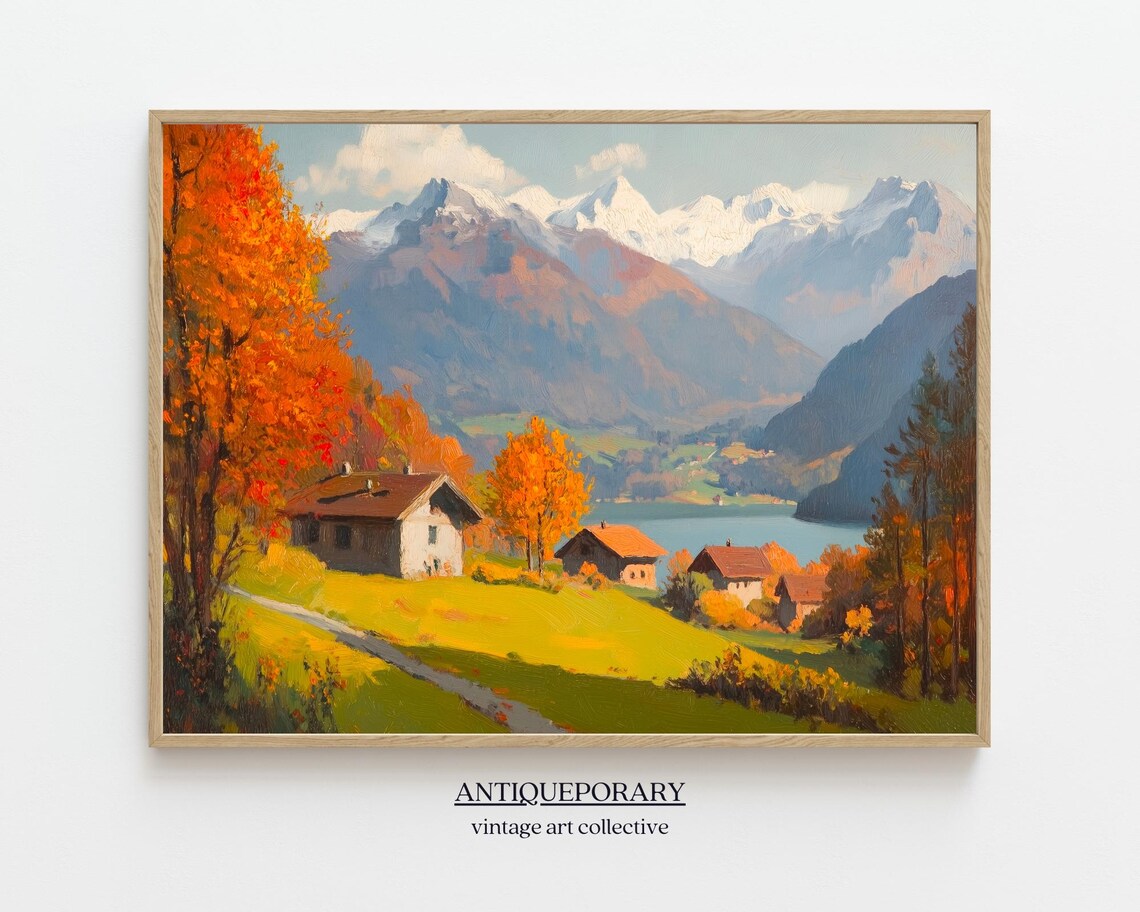 Alpine Village Snowy Mountain Lake Autumn Chalet Oil Painting Poster
