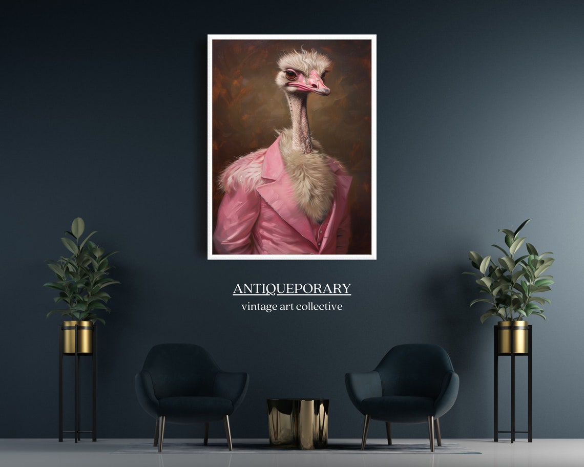 Charming Lady Ostrich in Pink Blazer Vintage Portrait Wall Art - Image 3