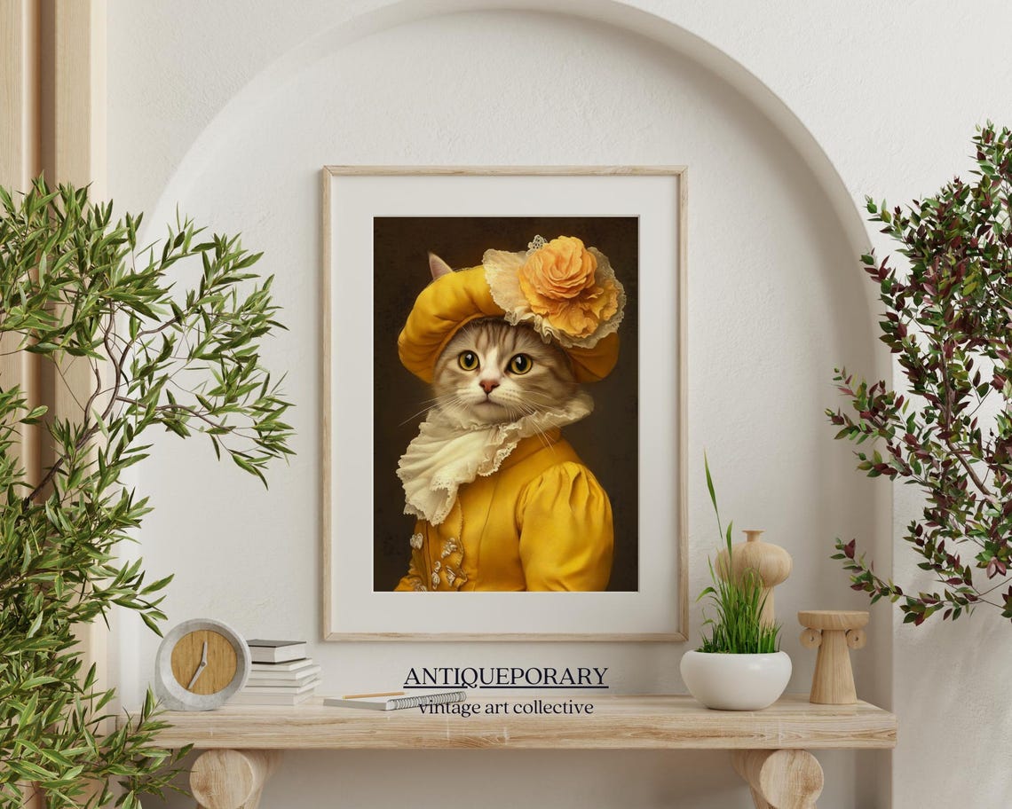 Golden Yellow Floral Hat Lady Cat Victorian Portrait Wall Art - Image 5