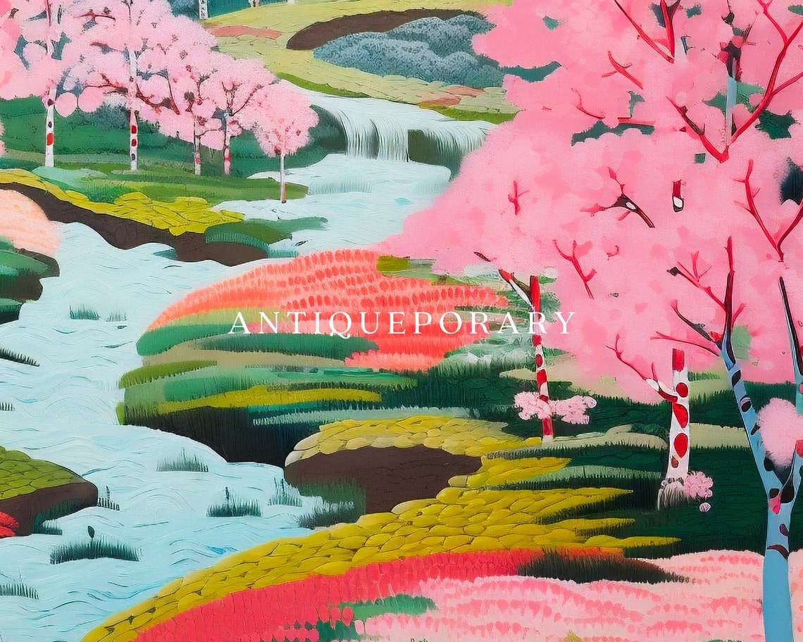 Pastel Cherry Blossom Valley River with Blue Mountains Poster - Image 2