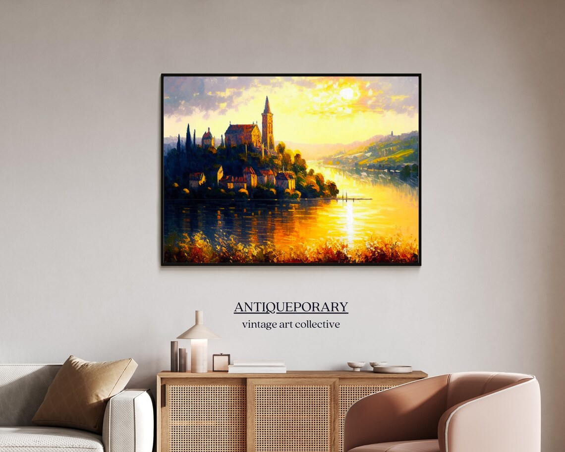 Sunset Hilltop Town Church Lake Golden Reflections Landscape Poster - Image 5