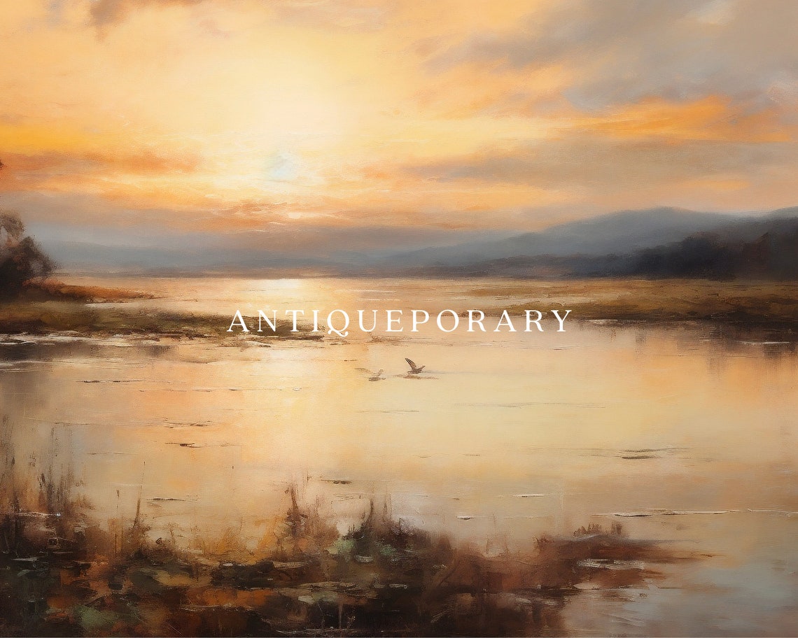 Golden Sunset Over Calm River with Reflective Water Art Poster - Image 2