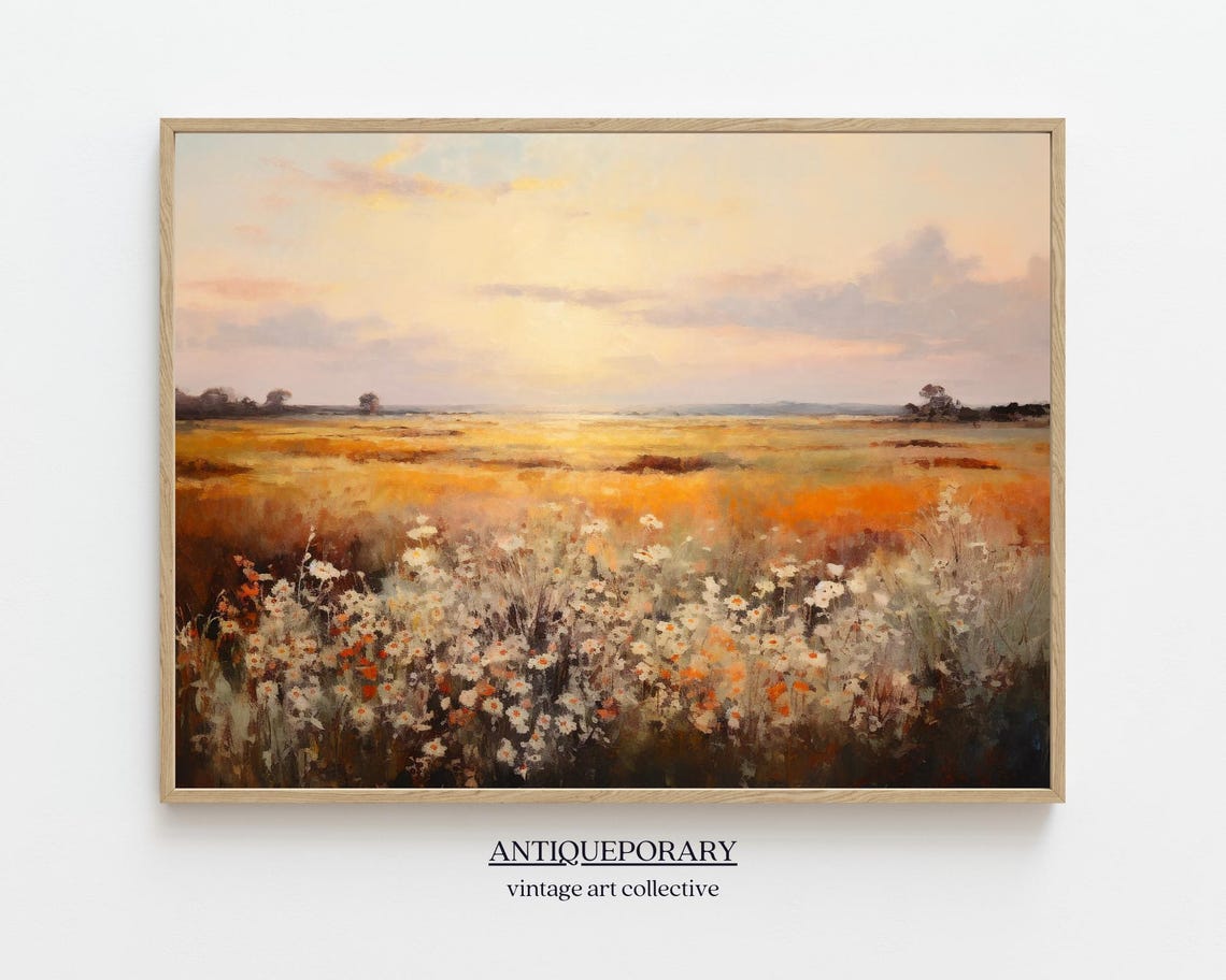 Golden Wildflower Field at Sunset Soft Impressionist Landscape Print