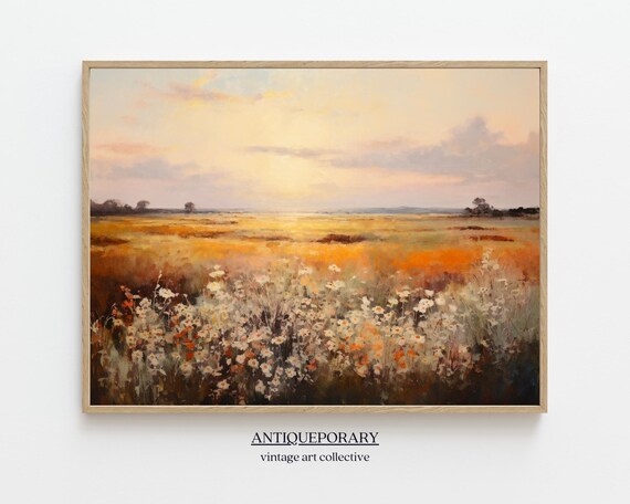 Golden Wildflower Field at Sunset Soft Impressionist Landscape Print