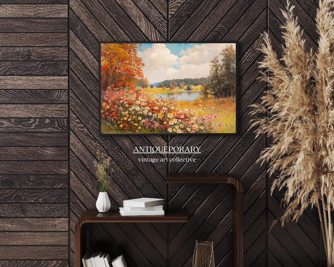 Autumn Wildflower Field Lakeside Fall Trees Impressionist Landscape Poster - Image 2