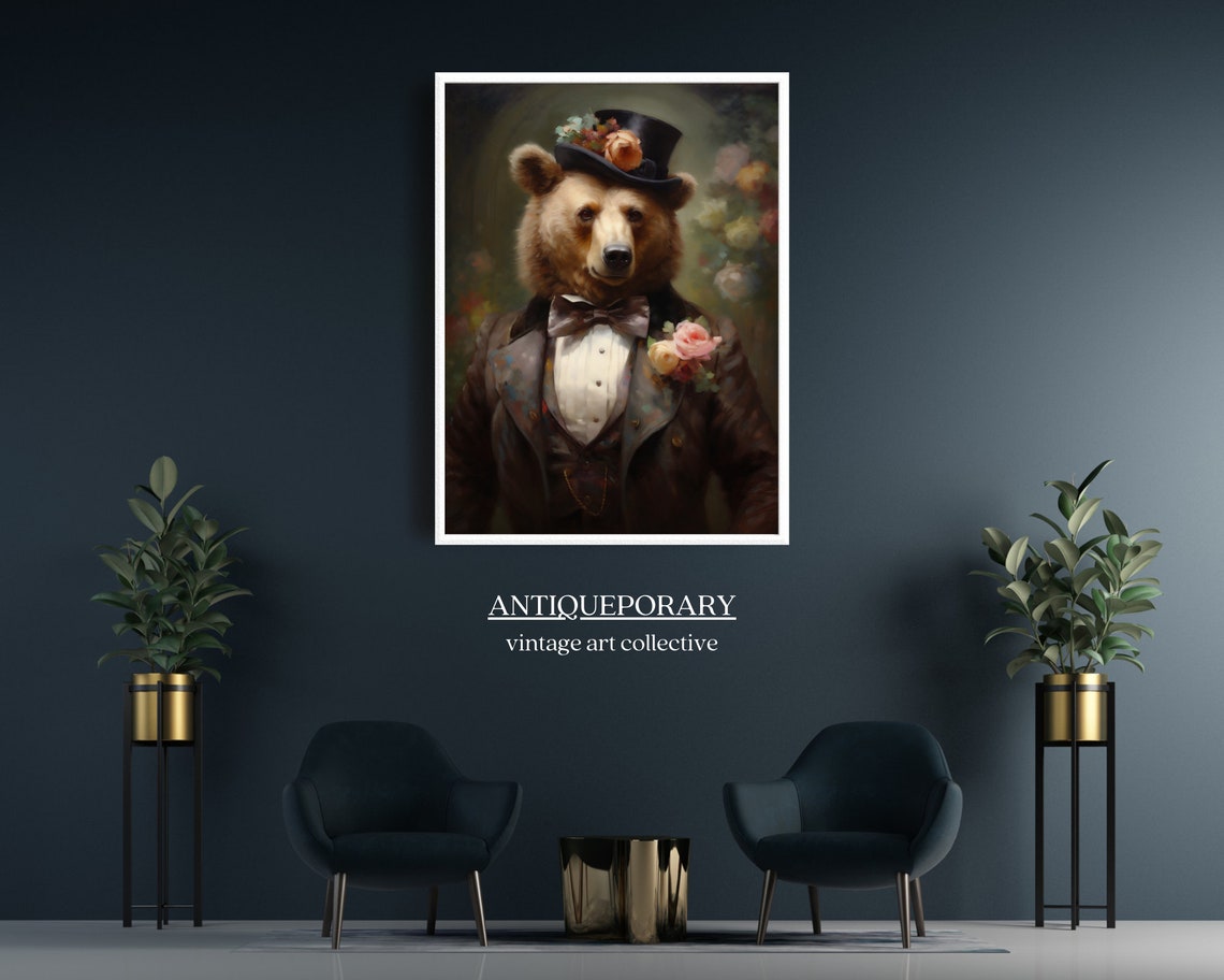 Dapper Bear Portrait Top Hat Tuxedo Victorian Animal Painting Poster - Image 7
