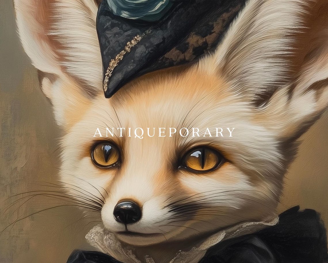 Fennec Fox Lady in Navy Victorian Gown Vintage Animal Portrait Poster - Image 3