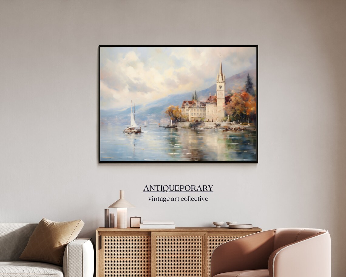 Lakeside European Town with Church Tower Sailboats Art Poster - Image 7