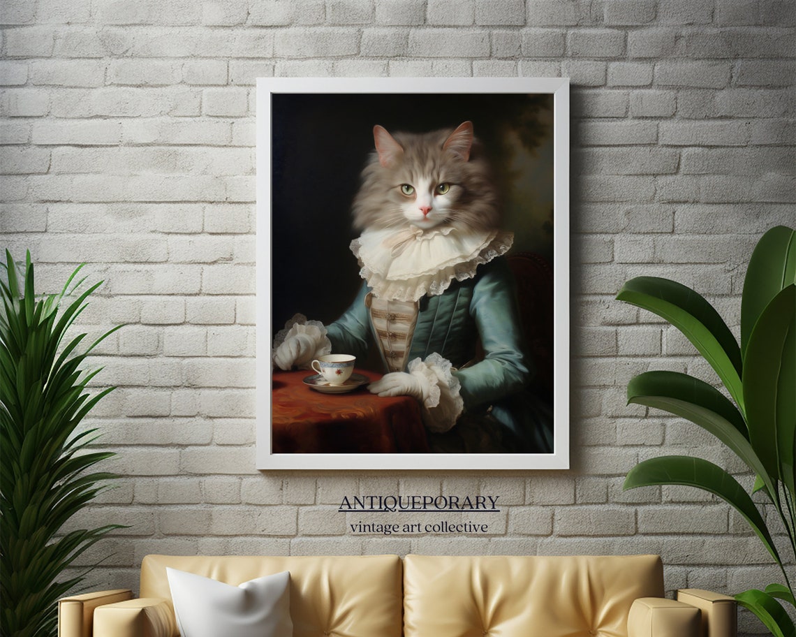 Royal Lady Cat Blue Dress Tea Cup Victorian Portrait Vintage Poster - Image 4