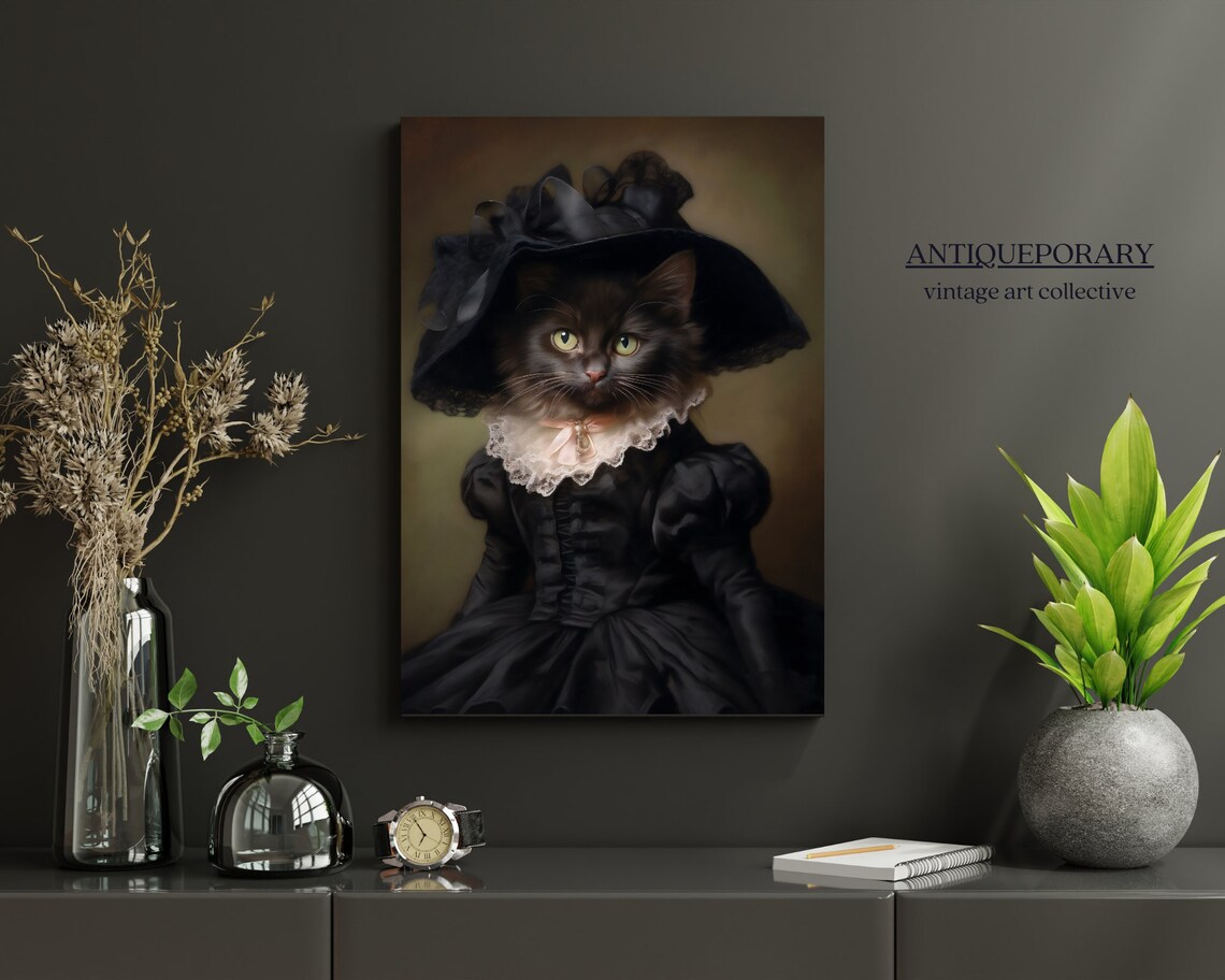 Elegant Black Cat Lady Victorian Dress Wide Hat Oil Portrait Poster - Image 5
