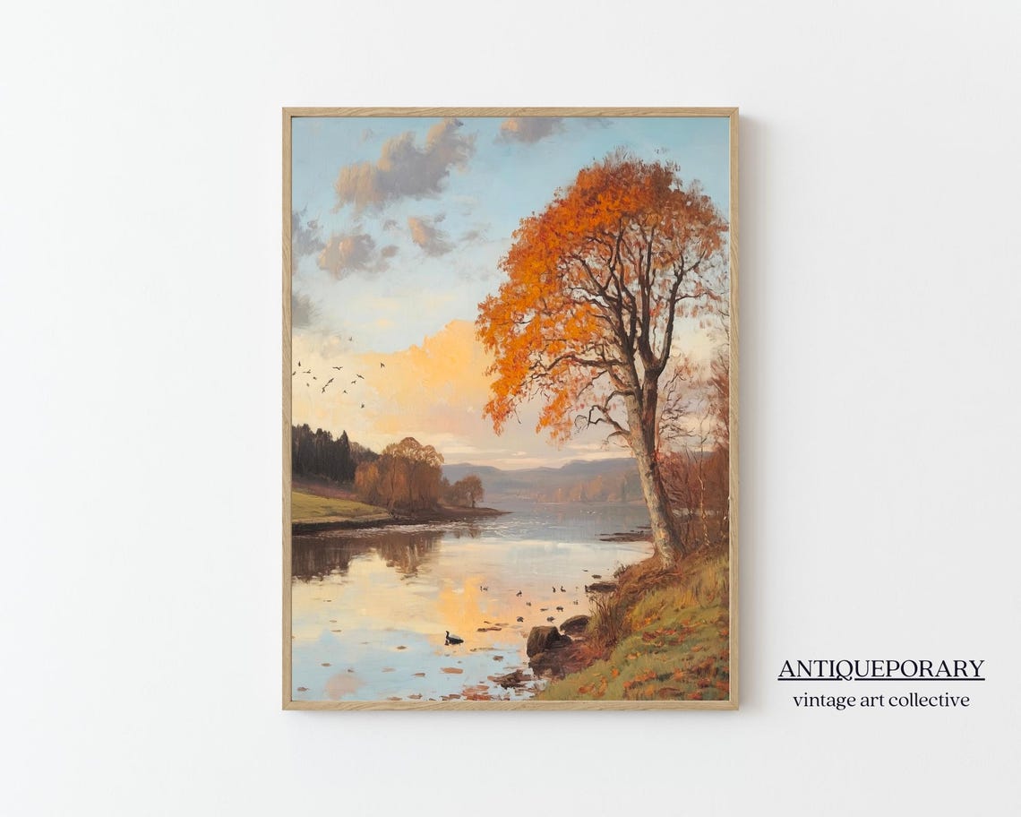 Autumn Lake with a Brilliant Orange Tree at Sunset Landscape Poster