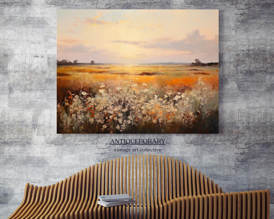 Golden Wildflower Field at Sunset Soft Impressionist Landscape Print - Image 6