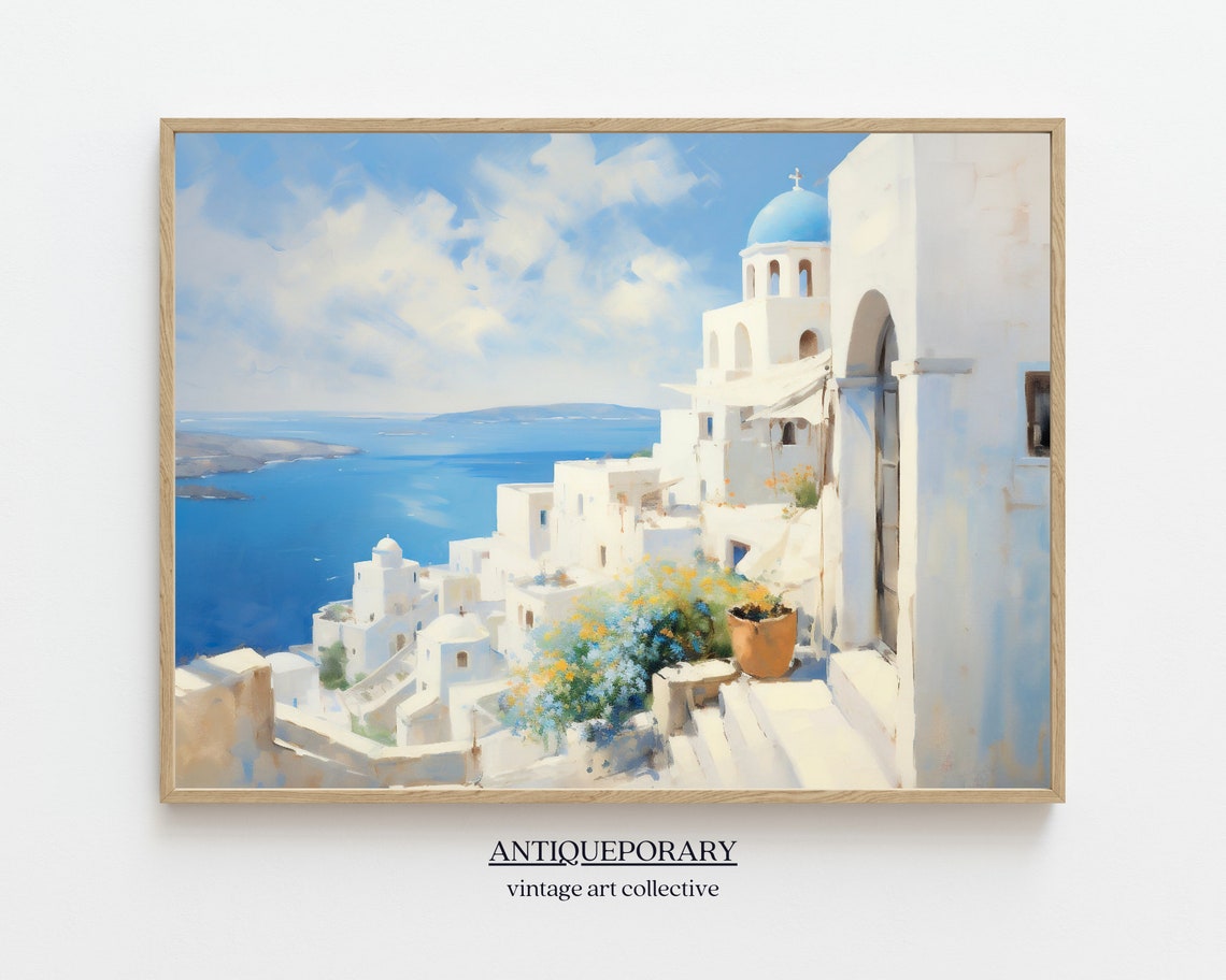 Santorini Art Painting Greek Old Town Cityscape Painting Mediterranean Landscape Neutral Vintage Oil Painting