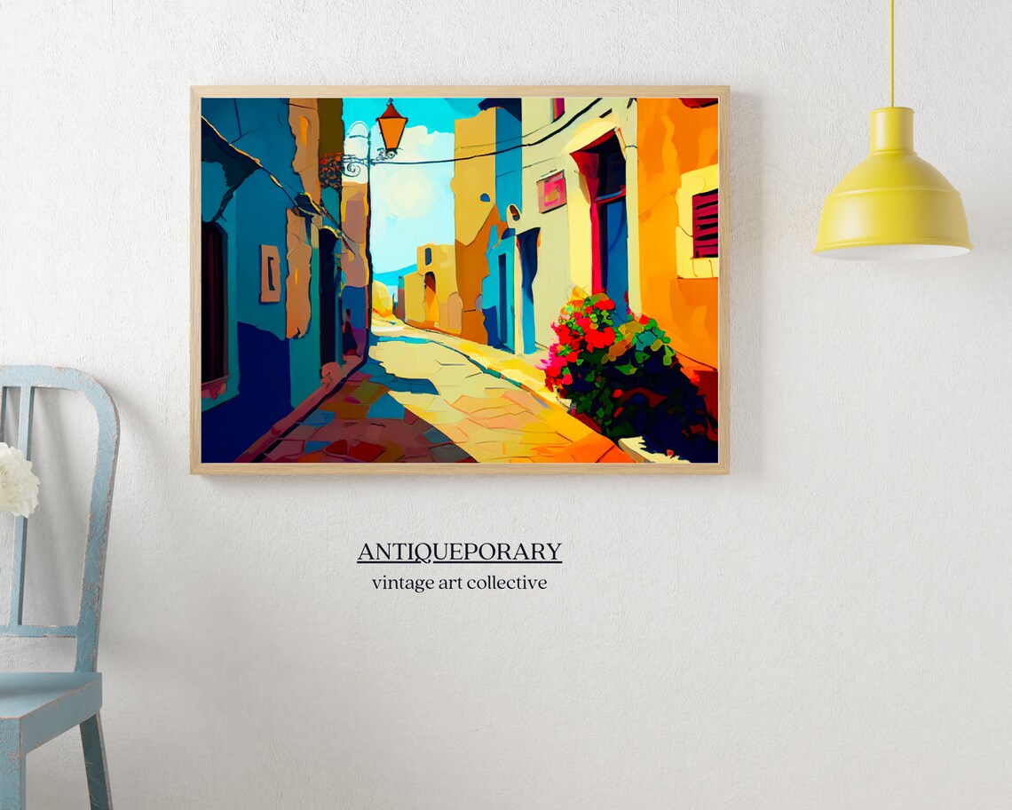 Vivid Abstract City Alley Painting Bold Blue Orange Street Poster - Image 5