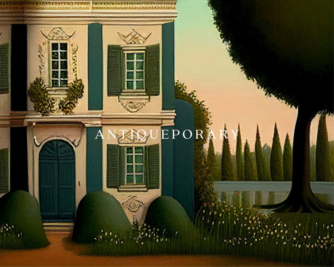 French Chateau Mansard Roof Cypress Trees Sunset Folk Art Poster - Image 2