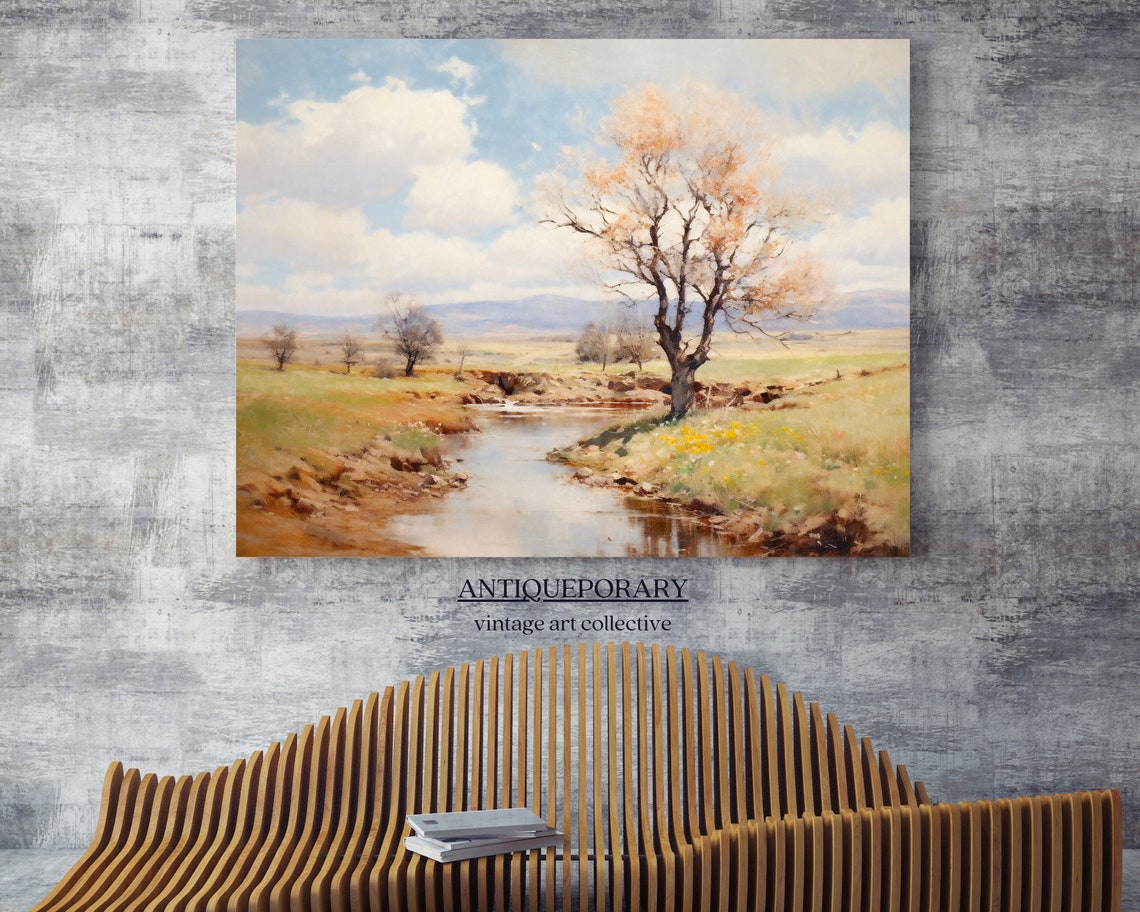 Spring River Meadow Landscape with Golden Tree Pastoral Oil Poster - Image 6