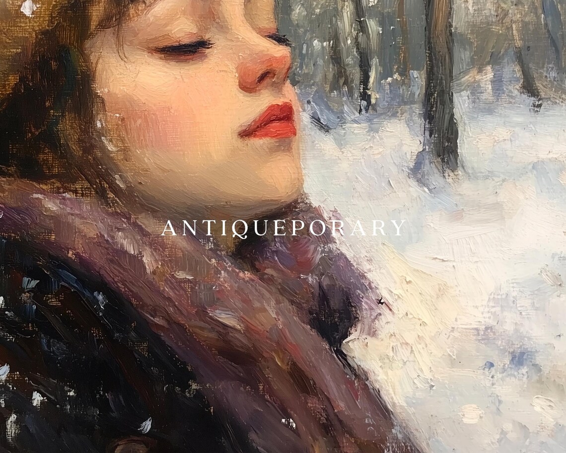 Woman in Snowfall Fur Hat Vintage Winter Portrait Oil Painting Poster - Image 2