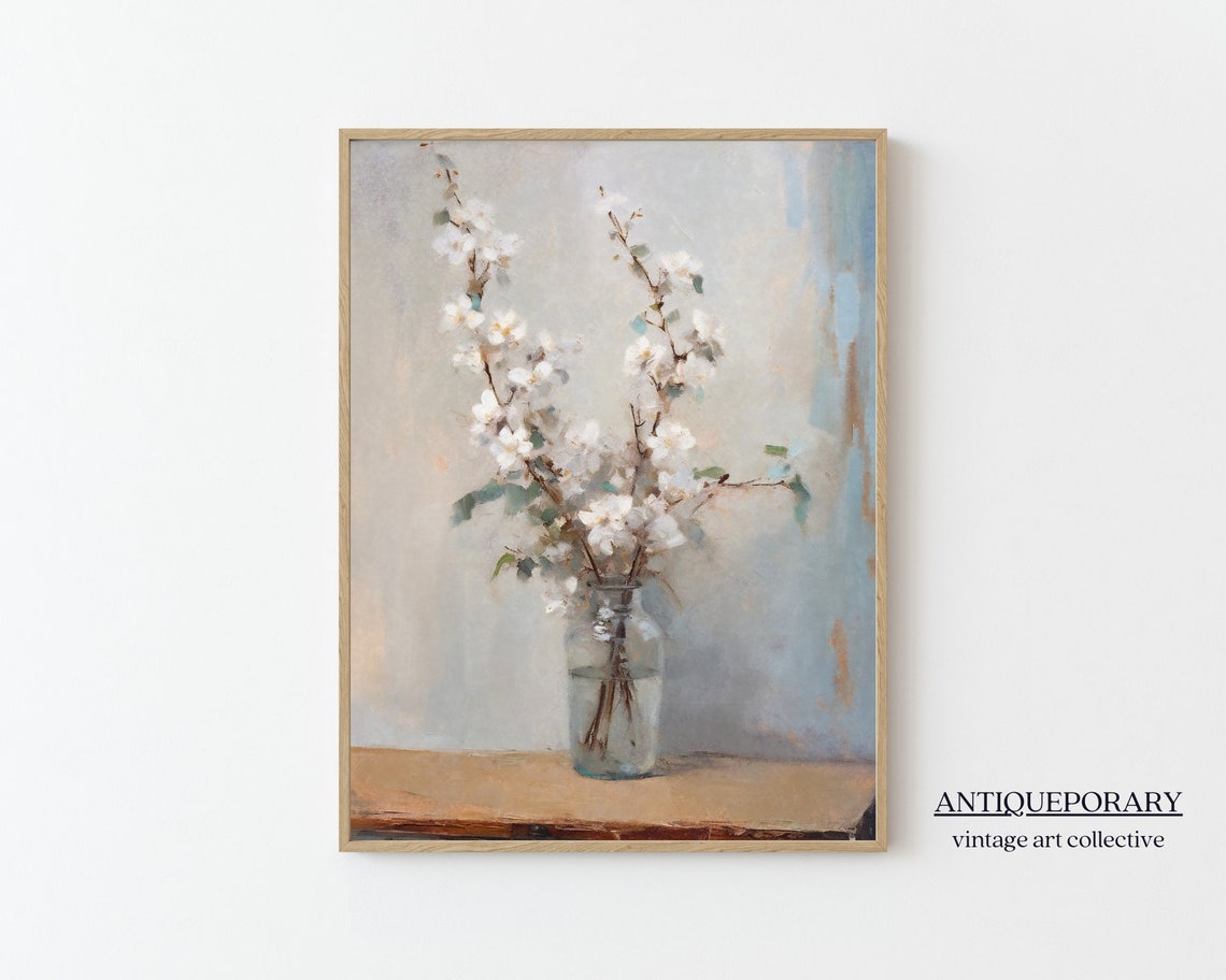 White Blossom Branches in Glass Jar Soft Neutral Still Life Print