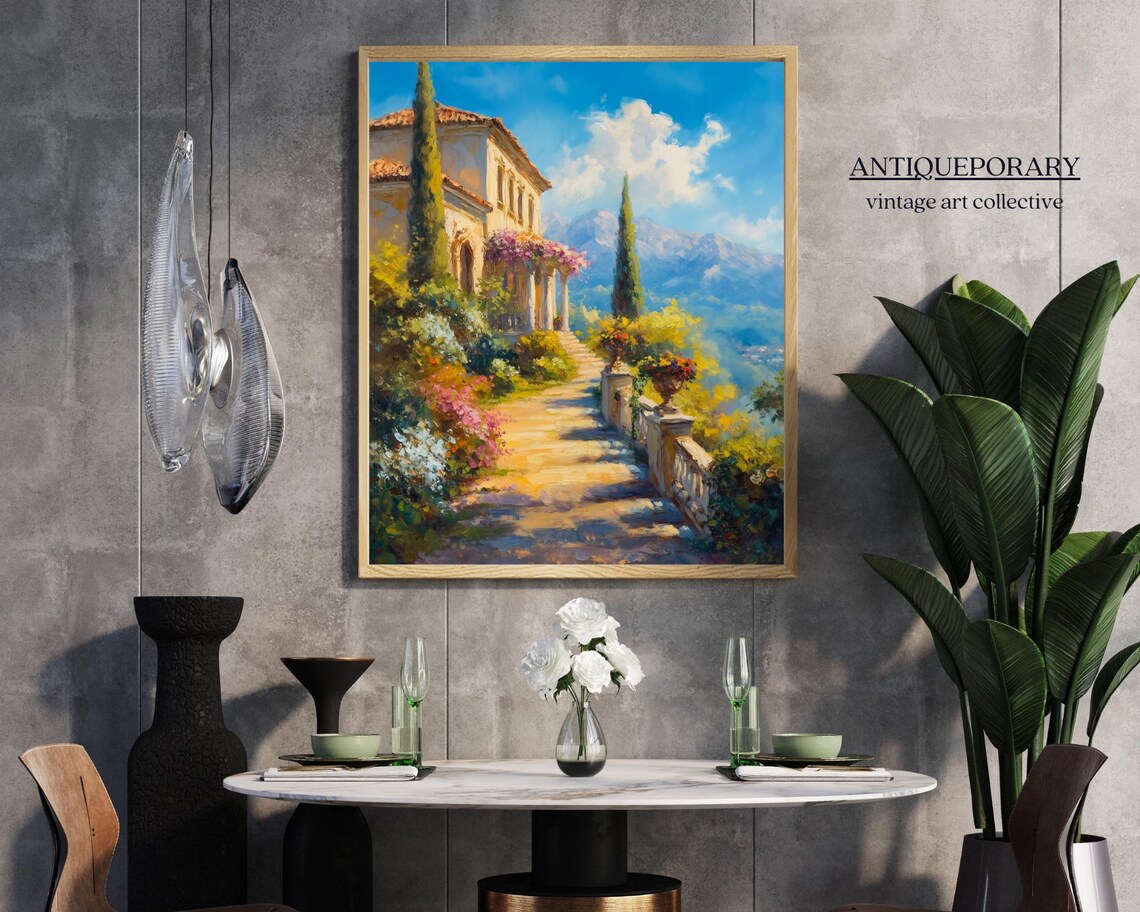 European Villa Terrace Cypress Garden Sunny Oil Painting Poster - Image 5