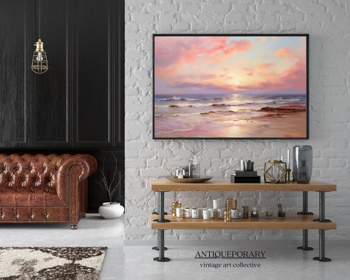 Pastel Sunset Over Ocean Waves Serene Coastal Seascape Painting Poster - Image 6