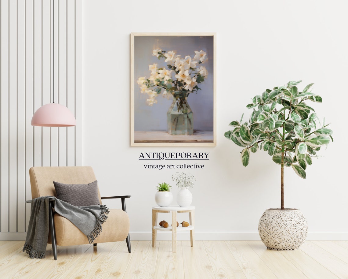 Flower Vase Still Life Painting Neutral Still Life Painting Vintage Kitchen Print Neutral Flower Oil Painting Farmhouse Decor - Image 6