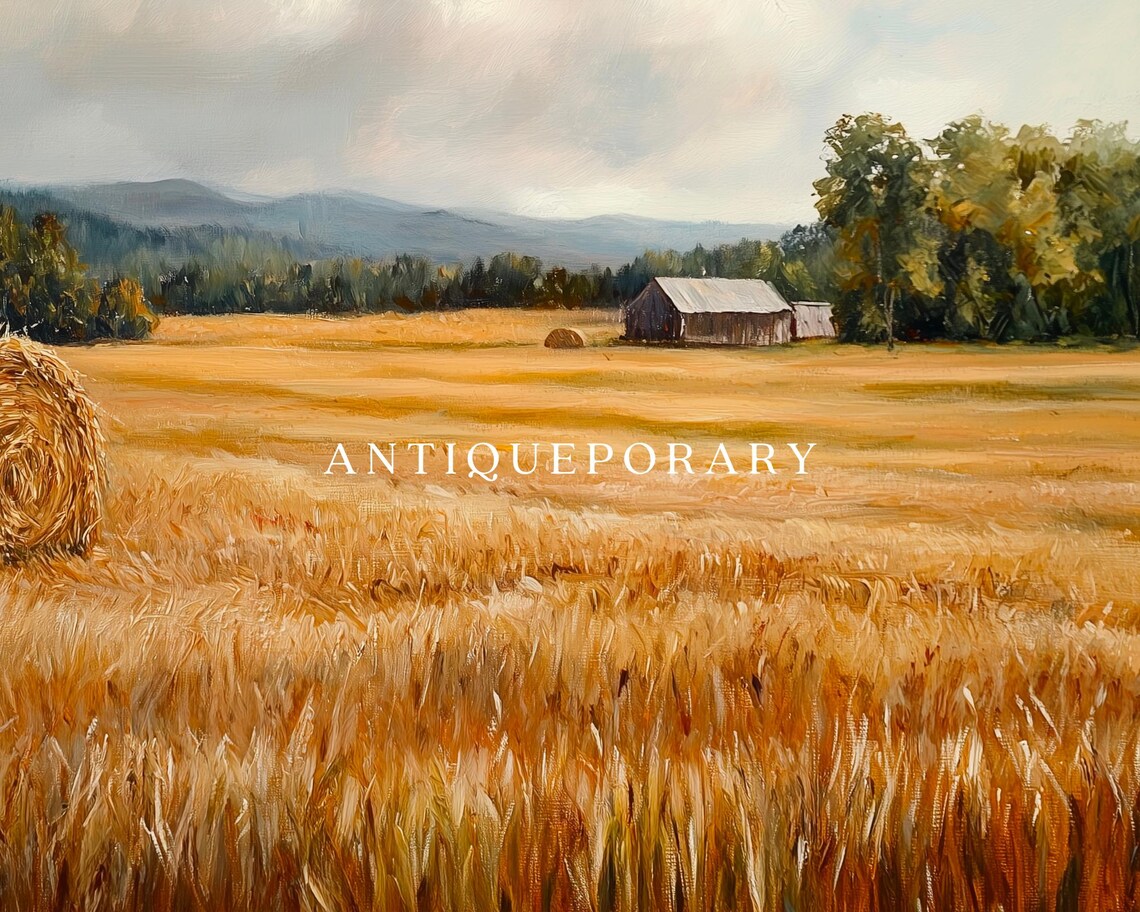 Hay Field Landscape Oil Painting Autumn Neutral Landscape Art Print Vintage Country Wall Art Antique Rustic Farmhouse Decor - Image 2