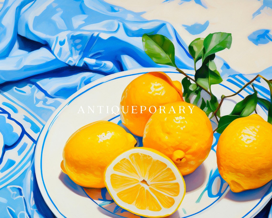 Lemon Still Life Blue Patterned Cloth Bright Citrus Painting Poster - Image 3