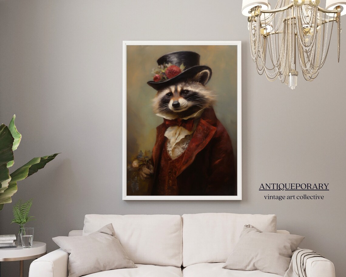 Dapper Raccoon Gentleman Rose Top Hat Velvet Oil Portrait Animal Art Poster - Image 5