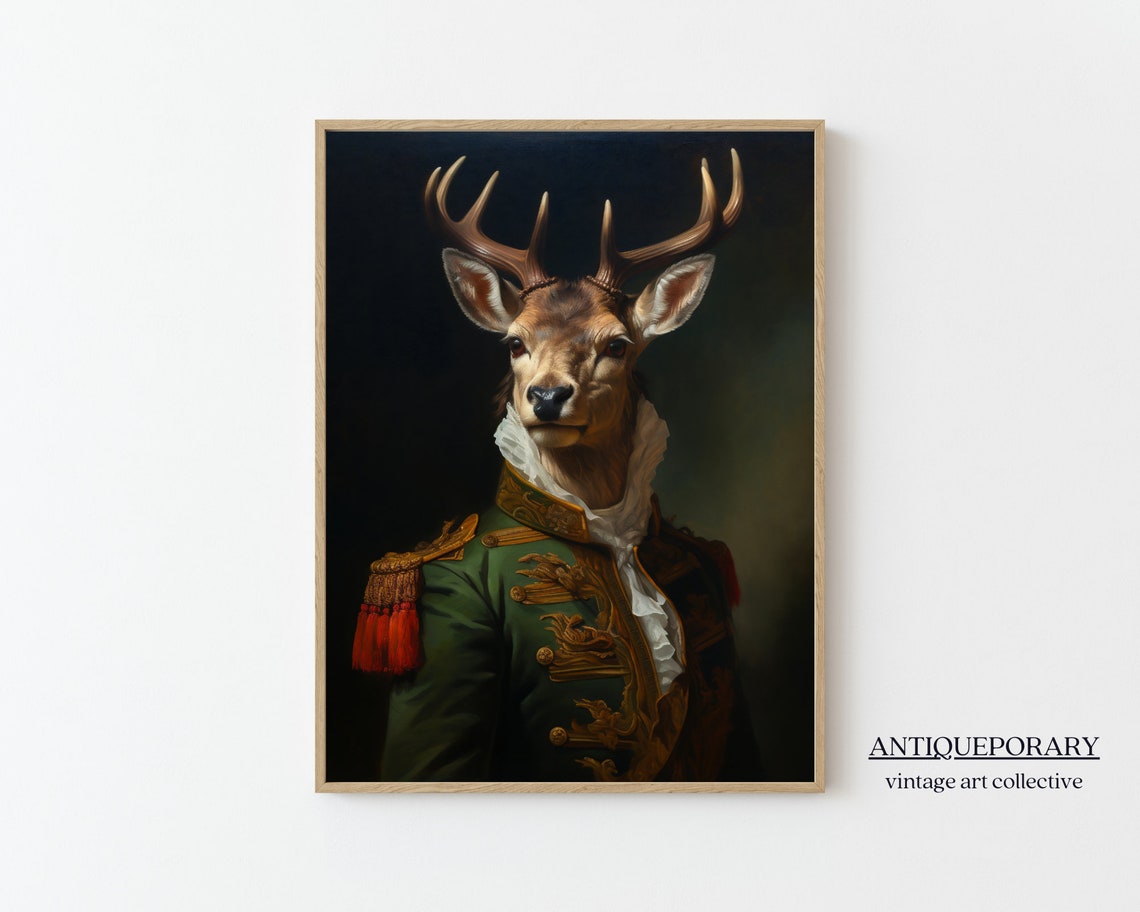 Noble Stag Deer in Green Military Uniform Regal Portrait Poster