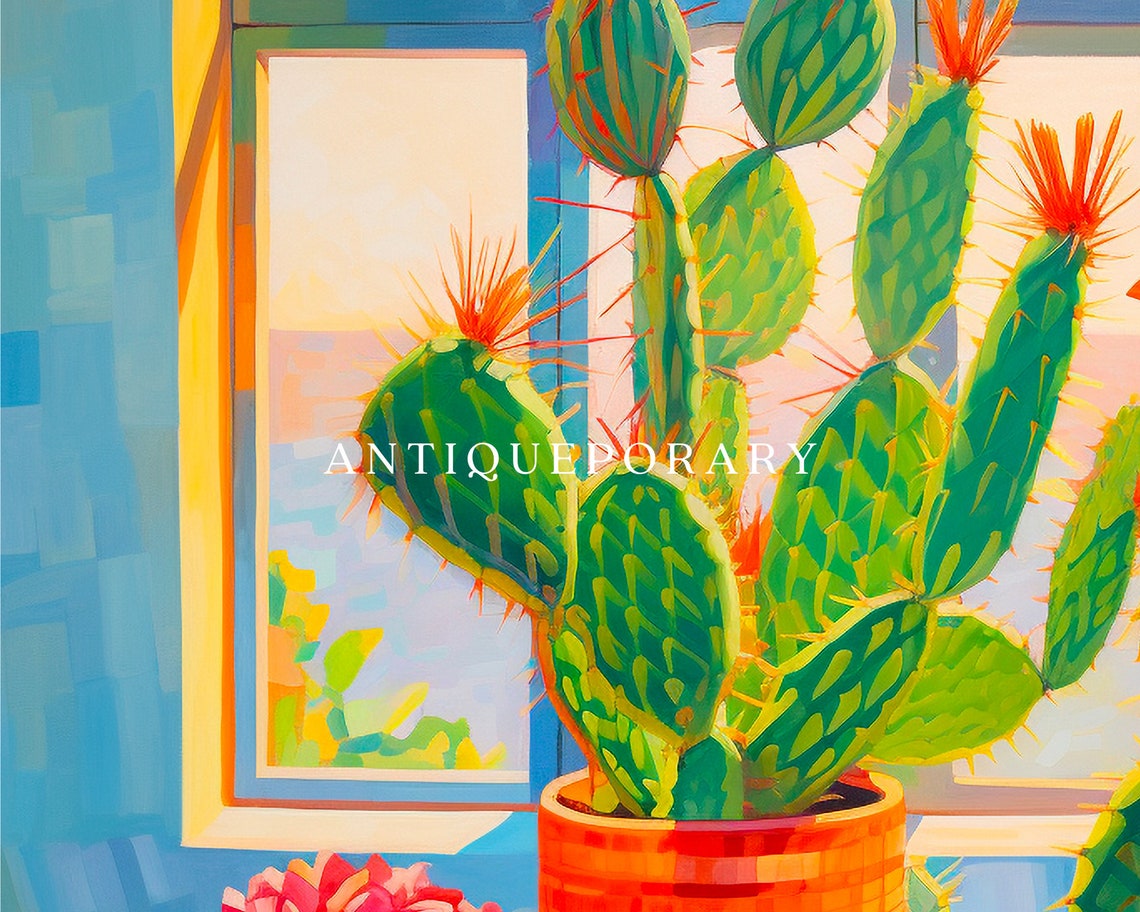Colorful Potted Cacti by Sunlit Window Still Life Painting Poster - Image 3