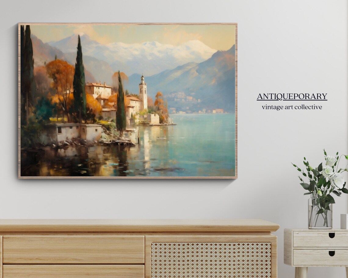 Italian Lake Village Church Cypress Mountains Vintage Country Poster - Image 5