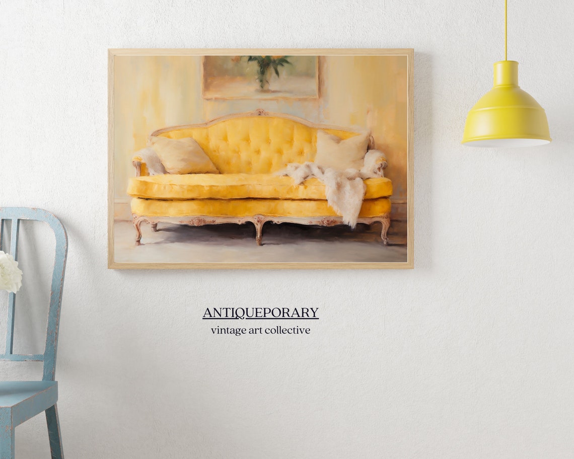Yellow Antique Tufted Sofa Classic Interior Oil Painting Poster - Image 5