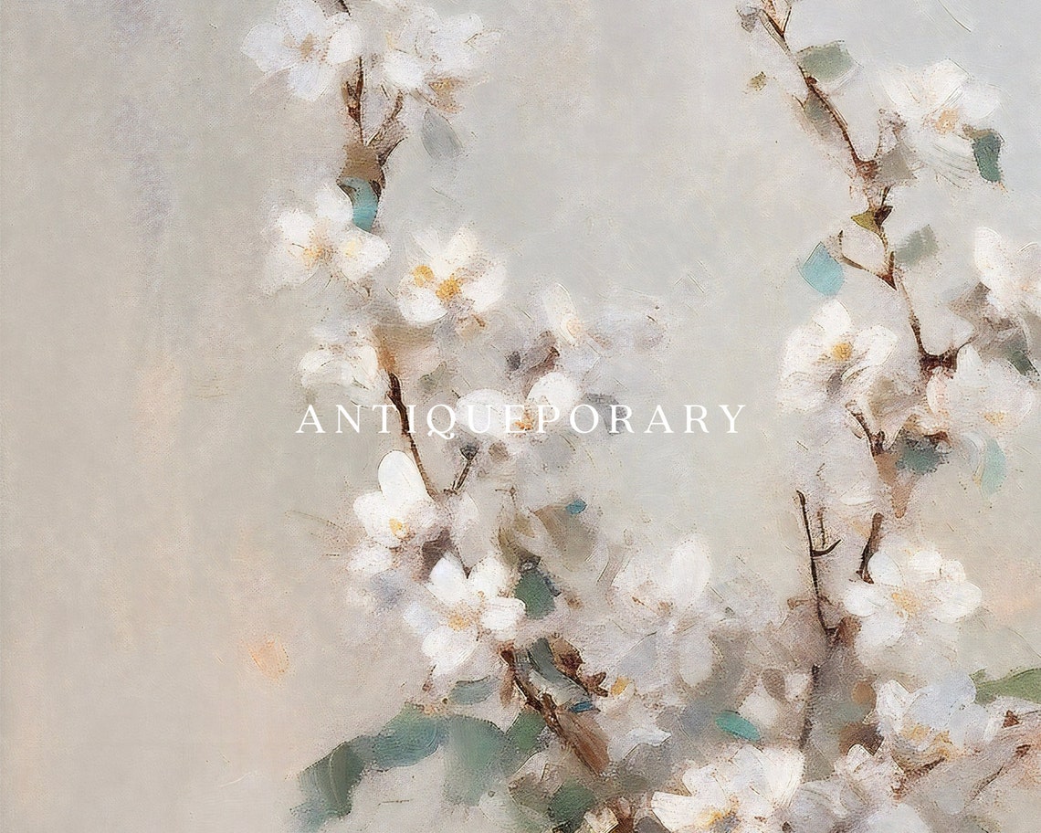 White Blossom Branches in Glass Jar Soft Neutral Still Life Print - Image 3