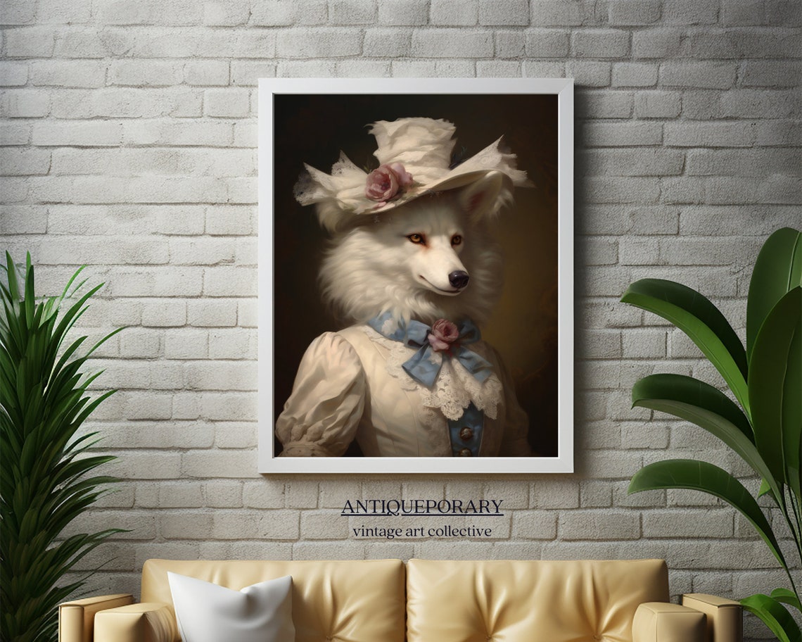 White Wolf Lady Royal Portrait Floral Hat Victorian Style Poster - Image 4
