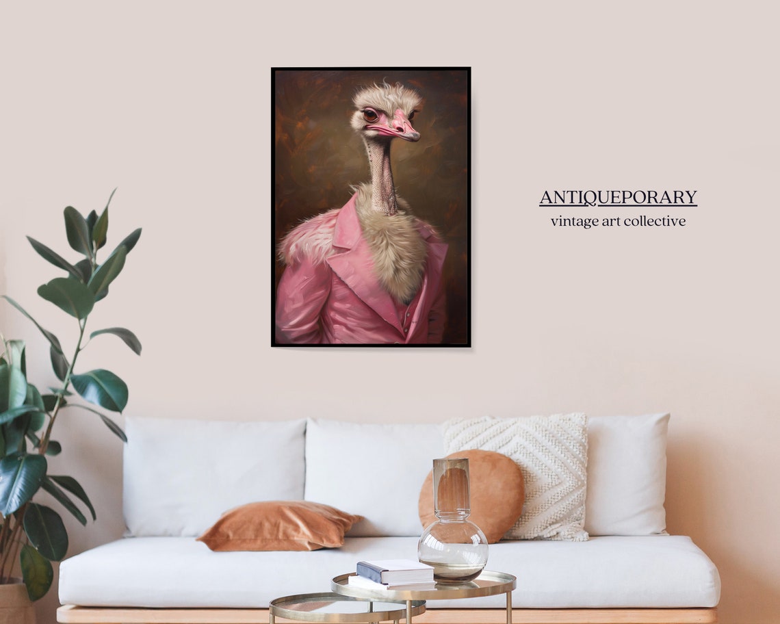 Charming Lady Ostrich in Pink Blazer Vintage Portrait Wall Art - Image 6