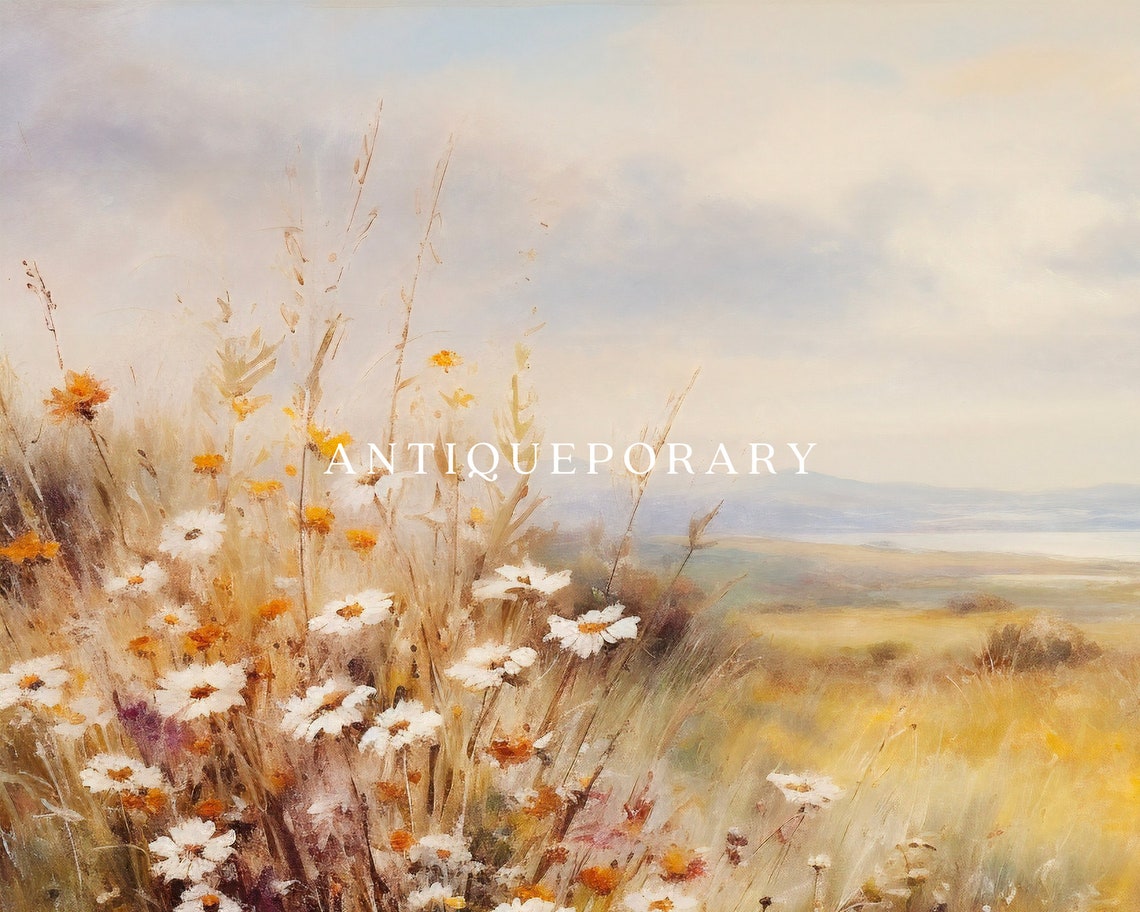 Golden Meadow Wildflowers with Lake and Hills Soft Light Art Poster - Image 3