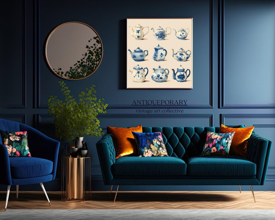 Blue and White Delft Teapot Collection Vintage Kitchen Art Poster - Image 2