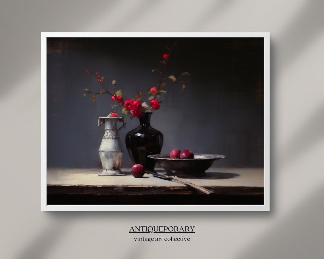 Dark Moody Flower Still Life Painting Timeless Vintage Baroque Moody Flowers In Vase Still Life Oil Painting Kitchen Still Life Art Print - Image 2