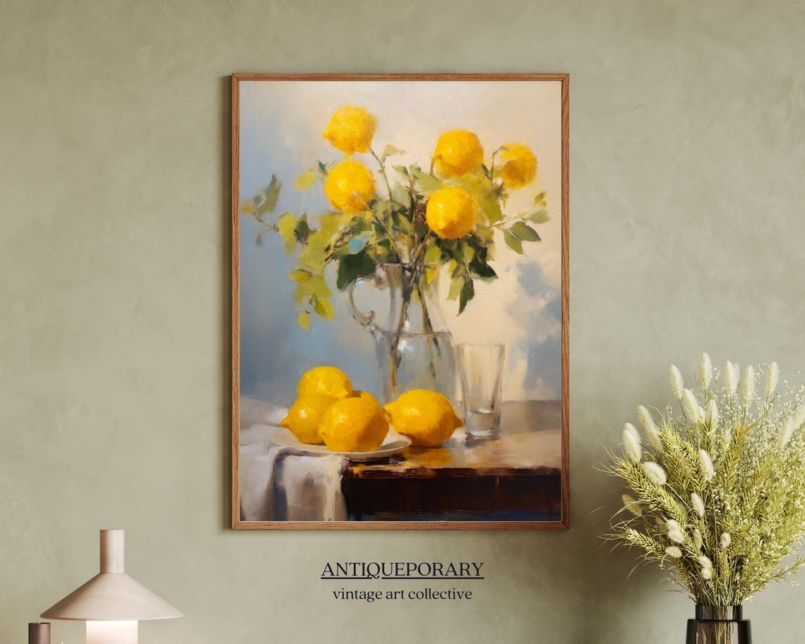 Sunny Lemon Branch Still Life in Glass Pitcher Vintage Poster - Image 4