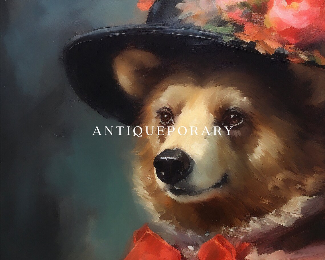 Bear Lady Vintage Portrait in Floral Hat and Red Dress Poster - Image 3